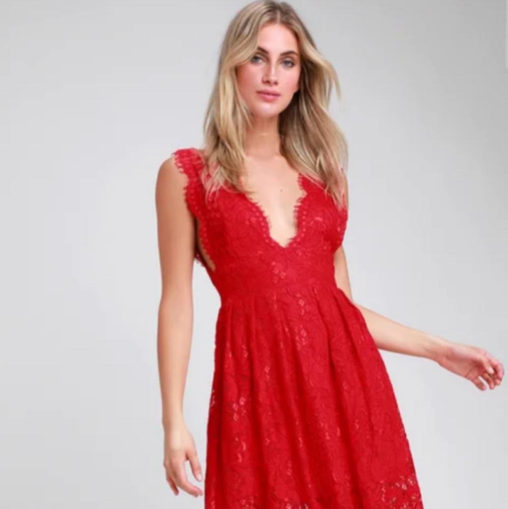 Lulus - Sleeveless Red Lace Party Midi Dress